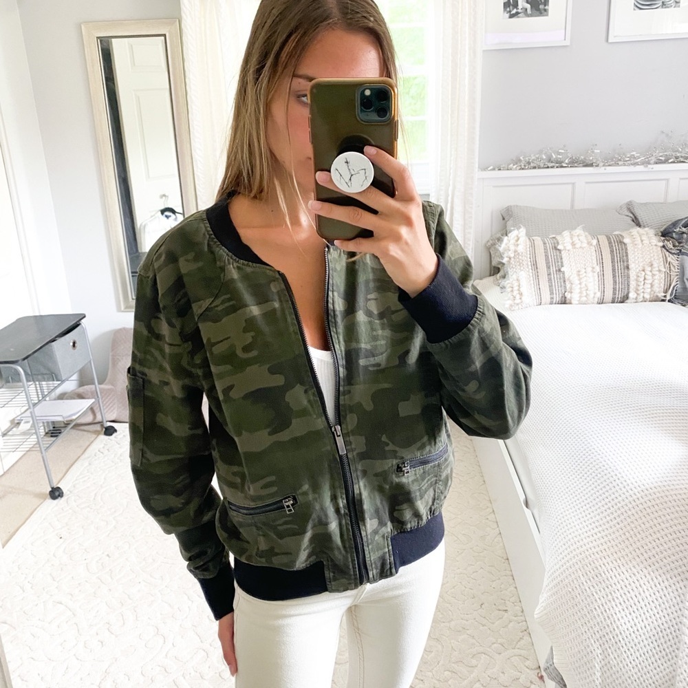 Sanctuary x revolve green camo zip up bomber jacket